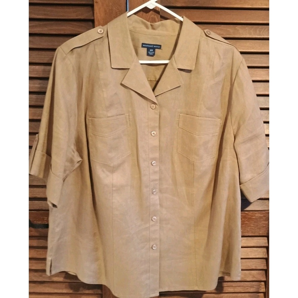 Westbound Woman Short Sleeve Blouse Size 16W Tan 100% Linen Summer Spring